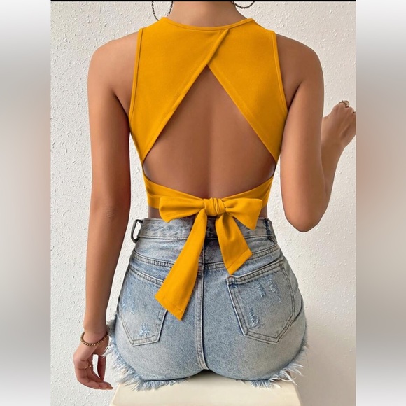 Tops - Privé Solid Golden Yellow Tie Backless Crop Tank Top